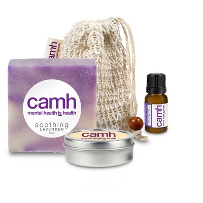 Loofah Bag with Soap, Candle Tin, and Essential Oil